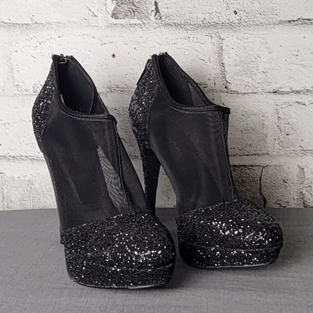 Le Chateau Black Glitter Mesh Platform Stiletto Heels Size 8